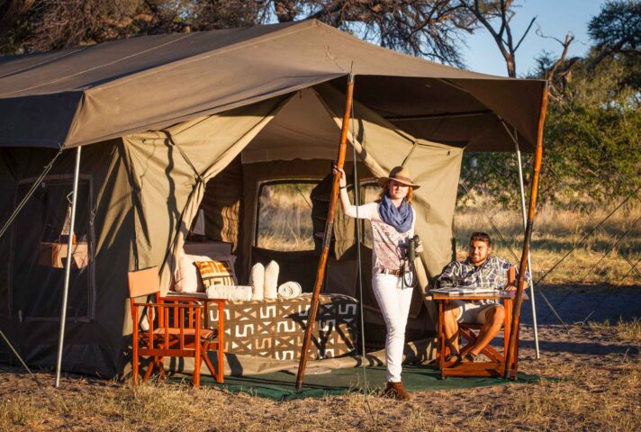 A private mobile safari camp tent in Botswana.