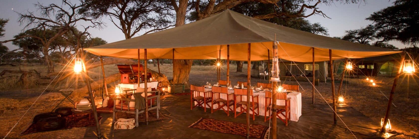 A dining area in a private mobile safari camp in Botswana.